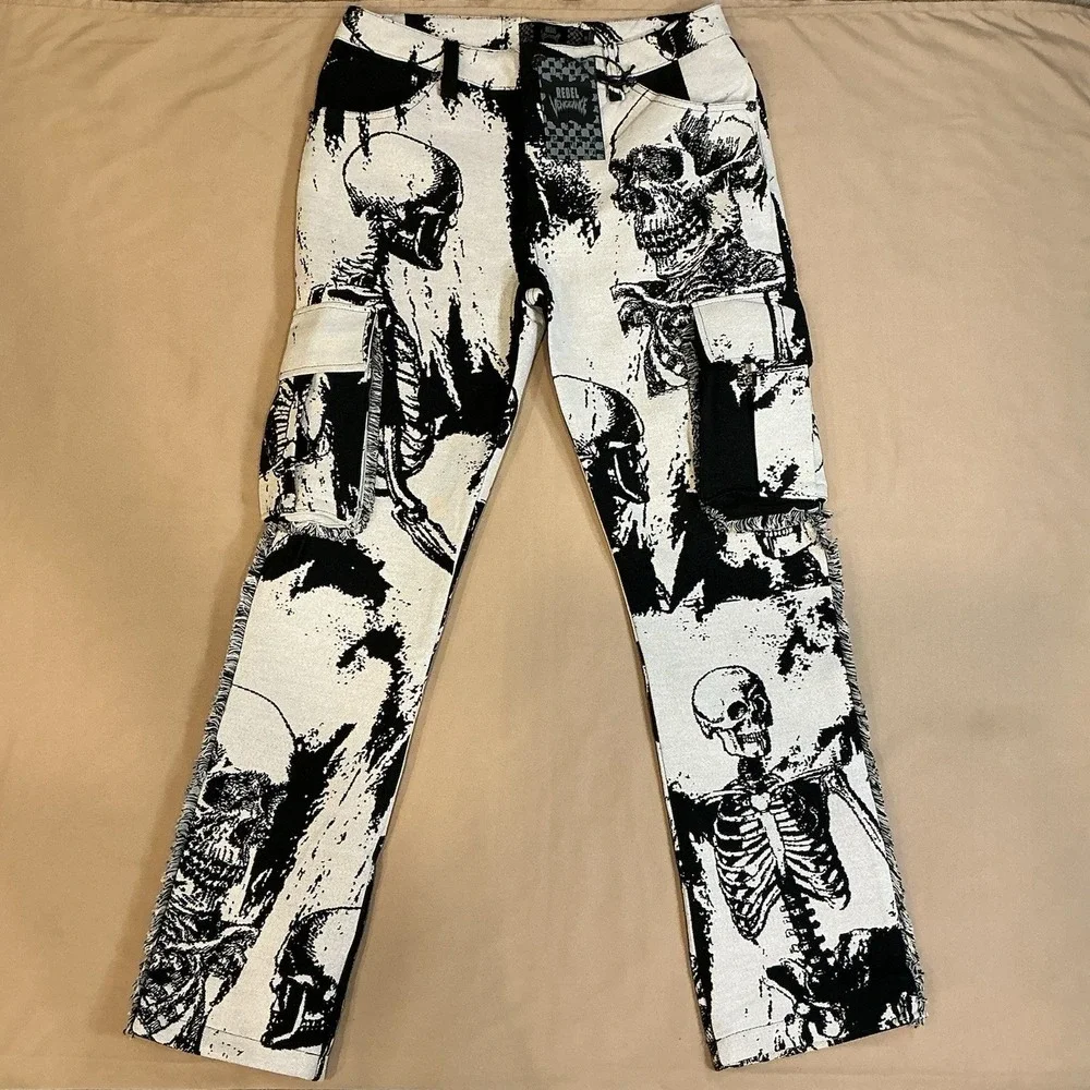 Rebel Vengeance‎ Skeleton Pants Mens 30x32 Graphic Cargo Goth Y2K Streetwear NEW